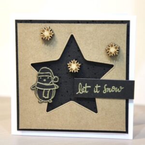 StickerKitten Penguins and Presents Christmas Cards - cute penguin heat embossed gold and black card with star die cut aperture and wooden snowflakes