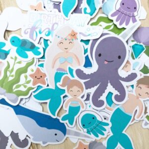 StickerKitten Mermaid Treasures Die Cur Ephemera - mermaids, octopus, jellyfish, narwhal, shells, seaweed, starfish, gems