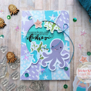 StickerKitten Mermaid Treasures stitched card with paper tearing technique - cute octopus