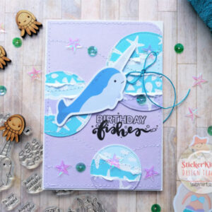 StickerKitten Mermaid Treasures stitched card with paper tearing technique - cute narwhal