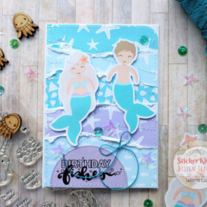 StickerKitten Mermaid Treasures stitched card with paper tearing technique - birthday fishes mermaids