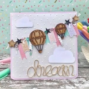 Cute pastel Unicorn Fairground handmade card by Christine Bilyard - wooden hot air balloon bunting card