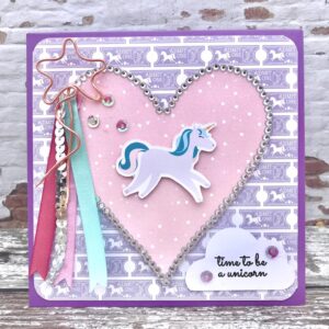 Cute pastel Unicorn Fairground handmade card by Christine Bilyard - unicorn crystal gem heart card
