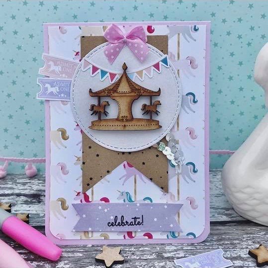 Cute pastel Unicorn Fairground handmade card by Christine Bilyard - carousel celebrate card