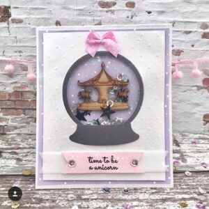 Cute pastel Unicorn Fairground handmade card by Christine Bilyard - carousel snowglobe