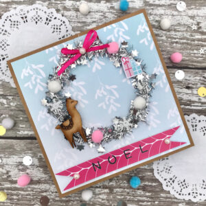 How to make a mini tinsel wreath Christmas card - alpaca wreath card flatlay