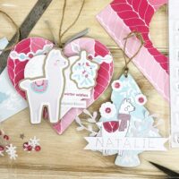 MDF wooden heart and tree decoupaged with StickerKitten Alpaca Wishes papers, stamps, ephemera and sequins