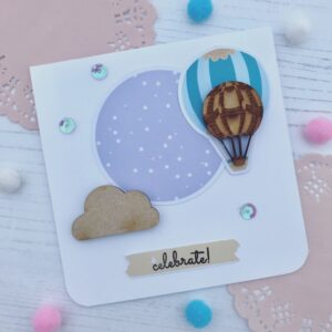 5 super quick handmade card ideas using StickerKitten products - Unicorn Fairground wooden hot air balloon and cloud card
