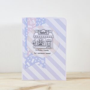 Sweet Pastels pastel coloured handmade card with striped paper and a stamped bakery shop and sentiment 'birthday treats for someone sweet'