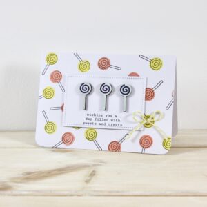 Sweet Pastels lollipop card - stamped yellow and orange lollipops with painted wooden lollies