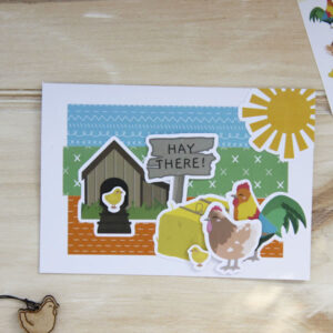 Handmade card showing chickens and 'hay there' sign