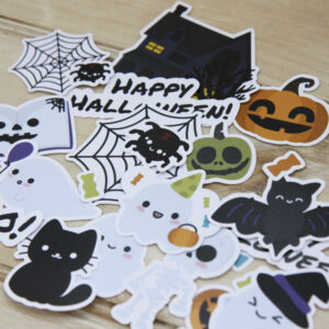 StickerKitten Halloween Ephemera - cute ghosts, pumpkins, poison apple, spider, spiderweb, sweets, skeleton, black cat - open flatlay