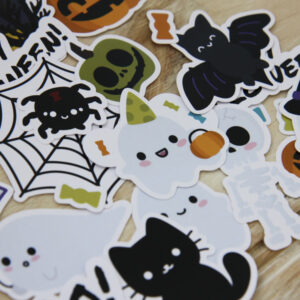 StickerKitten Halloween Ephemera - cute ghosts, pumpkins, poison apple, spider, spiderweb, sweets, skeleton, black cat - open flatlay 2