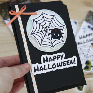 StickerKitten Halloween Ephemera - black spiderweb card with cute spider
