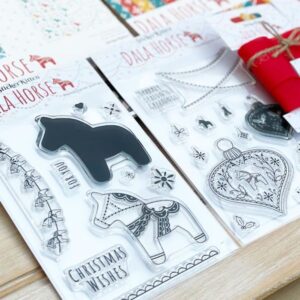 Dala Horse Christmas Craft Bundle - Cardmaking Kit by StickerKitten - closeup of 2 stamp sets