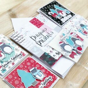 Penguins and Presents Christmas Card Kit - spread of handmade penguins cards, paper pack and cute penguins ephemera
