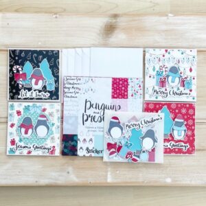Penguins and Presents Christmas Card Kit - spread of handmade penguins cards, paper pack and cute penguins ephemera