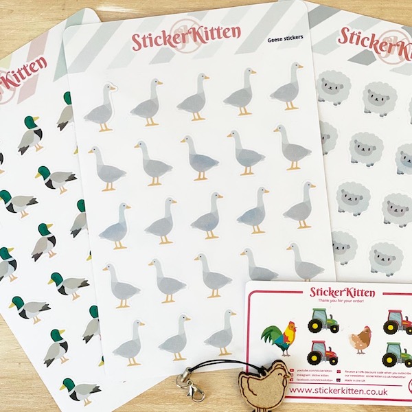 Farmyard stickers – geese, sheep and duck stickers plus an MDF chicken planner charm and mini sticker thank you sheet