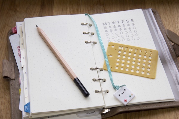 mini raindrop planner stencil on a dot grid bullet journal planner page