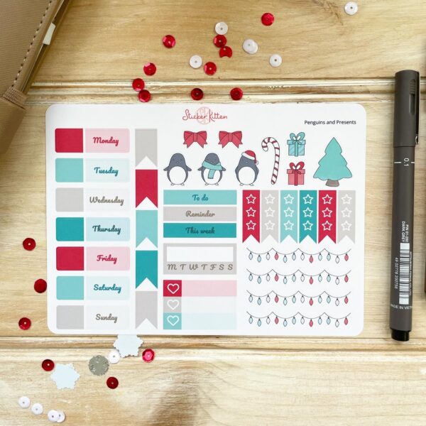 StickerKitten Penguins and Presents deco and functional planner stickers