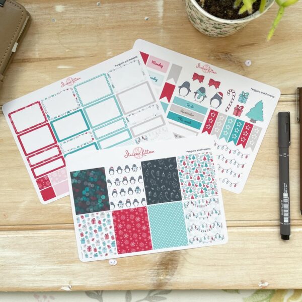 StickerKitten Penguins and Presents mini weekly planner sticker kit