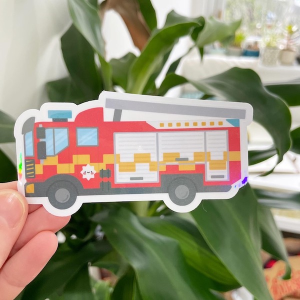 Large holographic vinyl fire engine sticker for laptops and water bottles