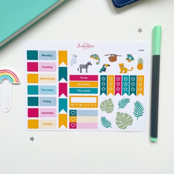 Jungle planner stickers – date covers, deco stickers, checklist stickers, leaves and ferns