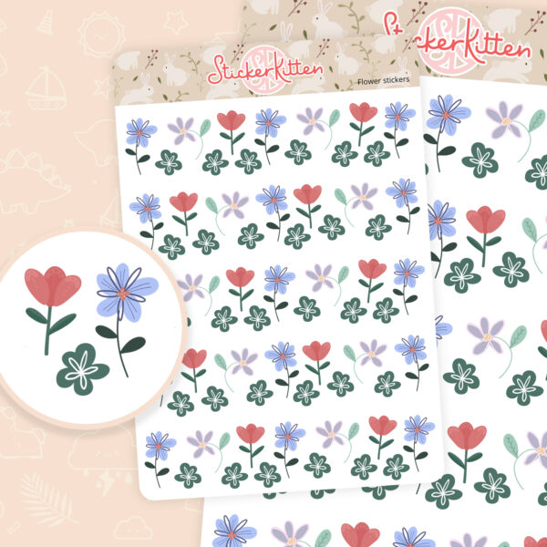 Cute flower stickers – sheet of illustrated floral wildflowers by StickerKitten UK