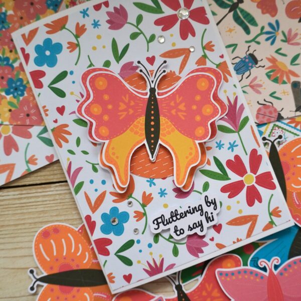 Butterfly ephemera handmade card and floral paper