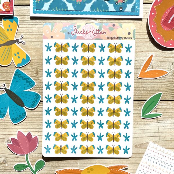 Yellow butterfly stickers and blue flower stickers – planner sticker sheet by StickerKitten UK