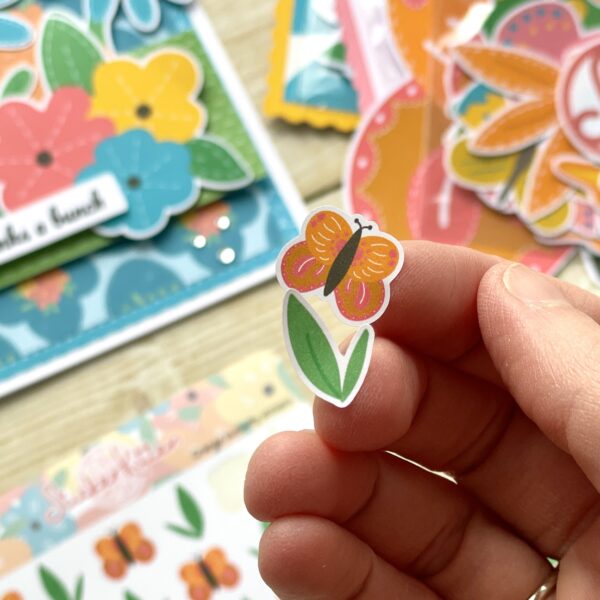 Close up of orange butterfly sticker and cute green leaf sticker