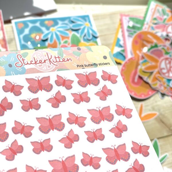 close-up of pink butterfly stickers planner sticker sheet