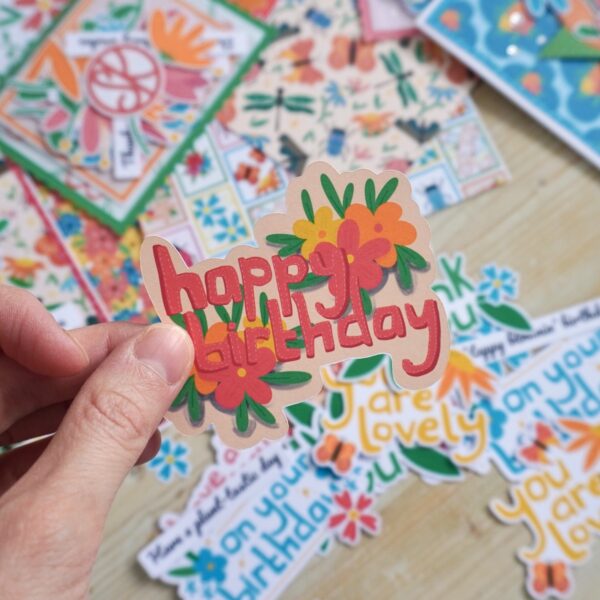 Happy Birthday premade sentiment from StickerKitten Bold Floral ephemera pack