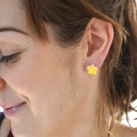 Sarah wearing cute Yellow Flower Earrings by StickerKitten UK
