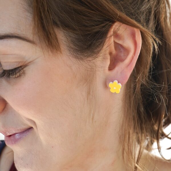 Sarah wearing cute Yellow Flower Earrings by StickerKitten UK