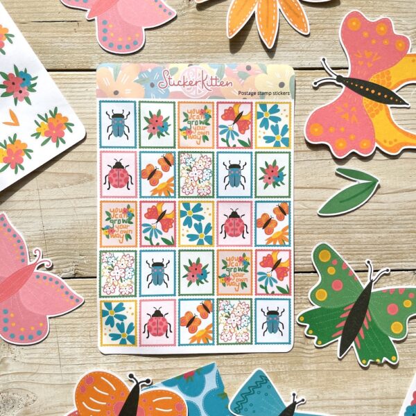 Postage stamp style bug and flower stickers by StickerKitten UK