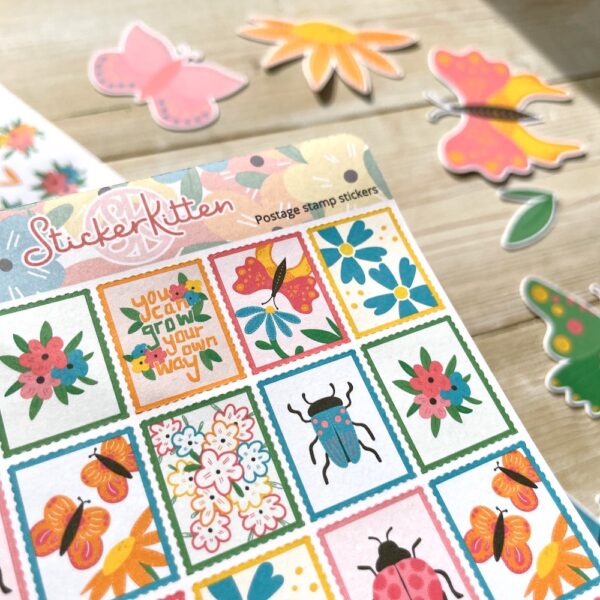 Postage stamp style bug and flower stickers by StickerKitten UK