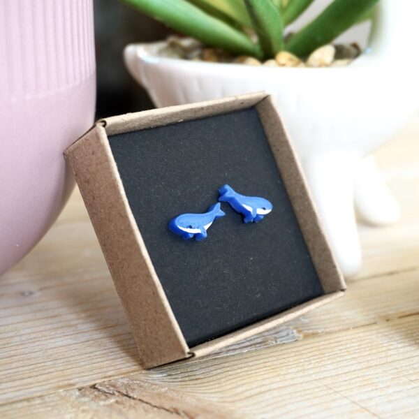 Cute whale earrings by StickerKitten UK. Blue whale stud earrings in an eco-friendly kraft earring box