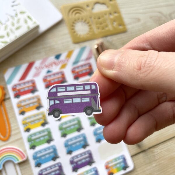 Rainbow bus stickers by StickerKitten - close up of purple bus