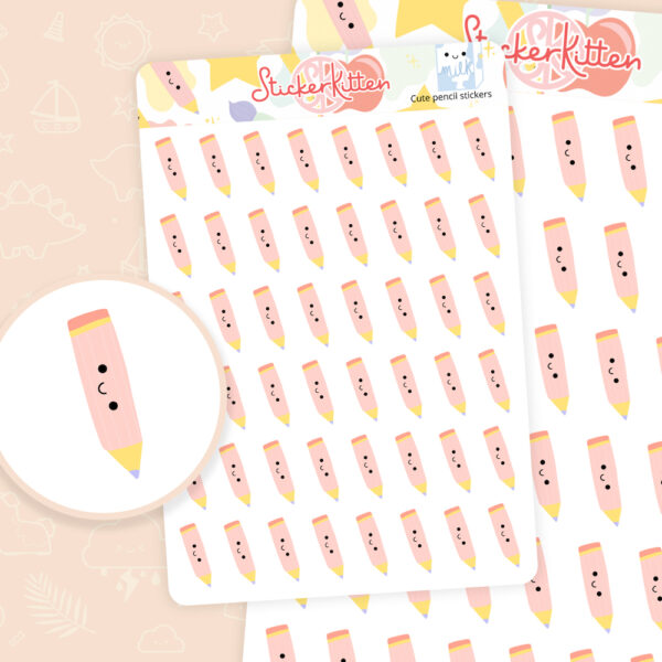 Cute pencil stickers – sheet of happy pencils, back to school, teacher theme stickers by StickerKitten UK