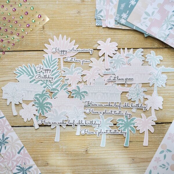 Palm House Ephemera - tropical themed card making and scrapbooking toppers with palm trees, glasshouses and sentiments