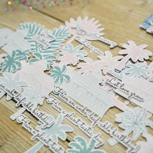 Palm House Ephemera - tropical themed card making and scrapbooking toppers with palm trees, glasshouses and sentiments