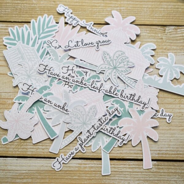 Palm House Ephemera - tropical themed card making and scrapbooking toppers with palm trees, glasshouses and sentiments