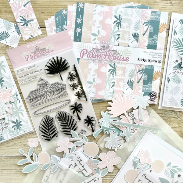 Palm House papercraft bundle containing stamp set, paper pack and ephemera for card making and scrapbooking