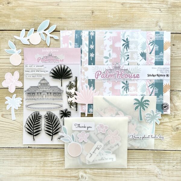 Palm House papercraft bundle containing stamp set, paper pack and ephemera for card making and scrapbooking