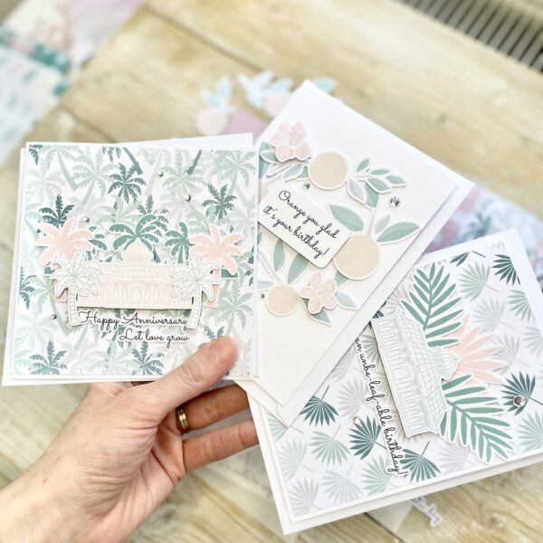 Three beautiful tropical theme birthday and anniversary handmade cards with palm trees and orange blossom theme