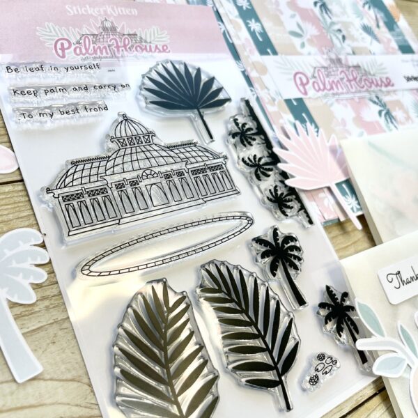 Palm House photopolymer stamp set - palm trees, glasshouse, ferns, sentiments