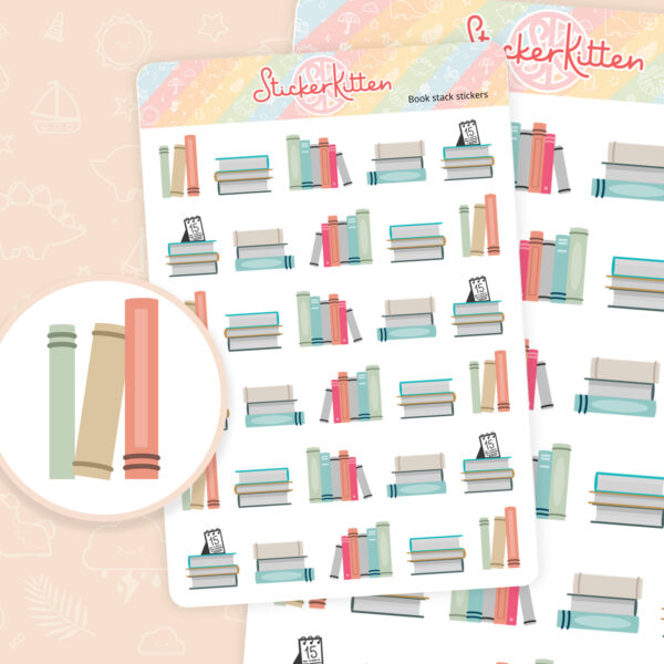 Book stickers - sticker sheet of cute stacks of books. Reading journal stickers, library planner stickers.