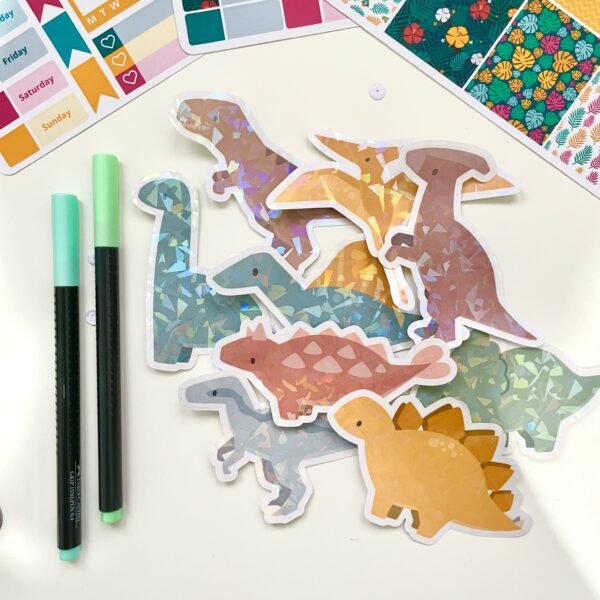 Holographic vinyl dinosaur stickers for laptop, water bottle, notebook