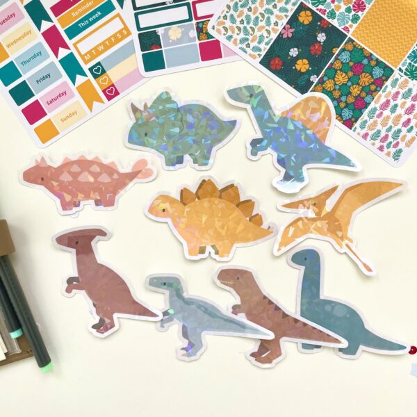 Holographic vinyl dinosaur stickers for laptop, water bottle, notebook